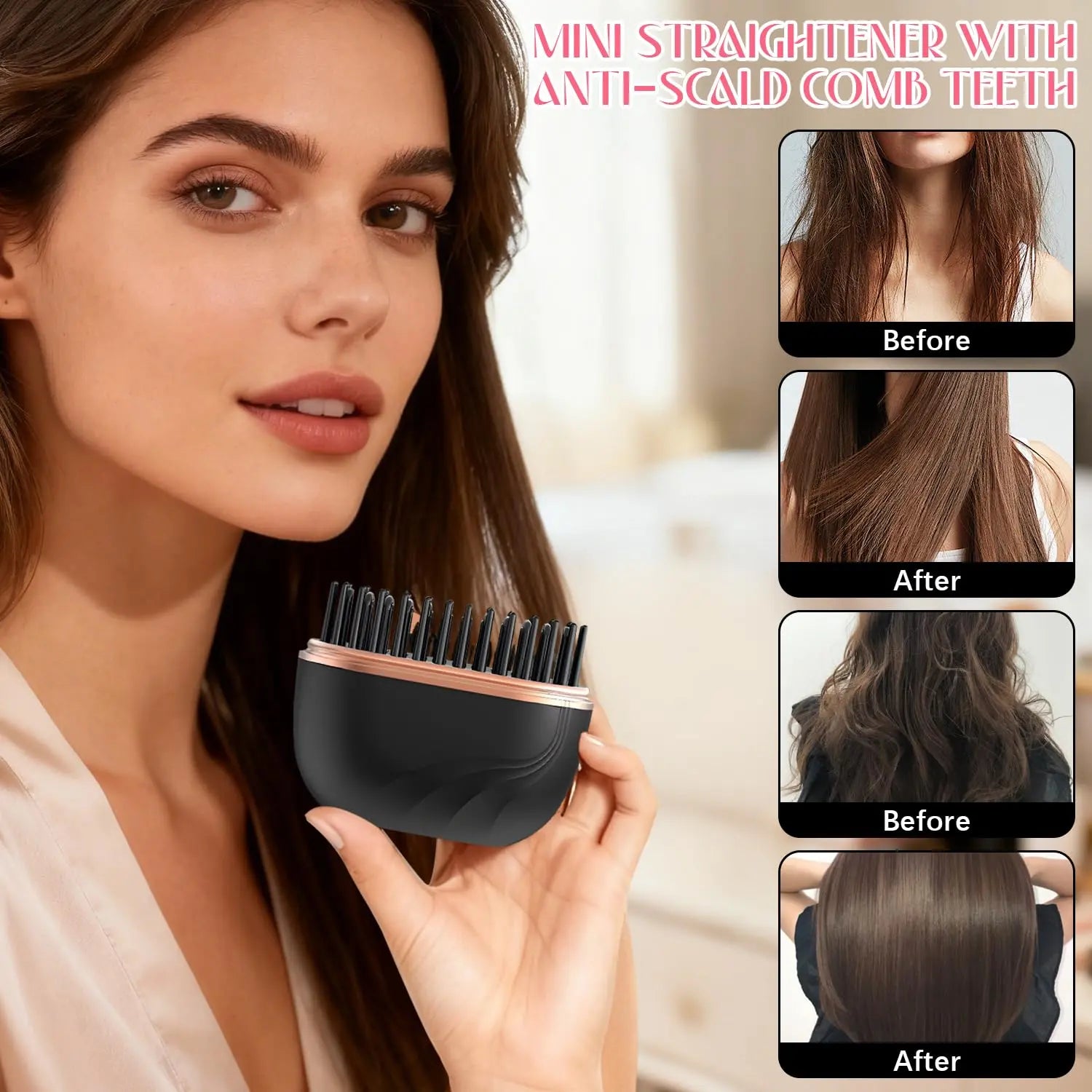 Mini Hair Straightener, Rechargeable Wireless Portable Hair Straightener Brush, 3-Speed Temperature Control & Fast Heating, anti Scald Shell, Suitable for Home Travel